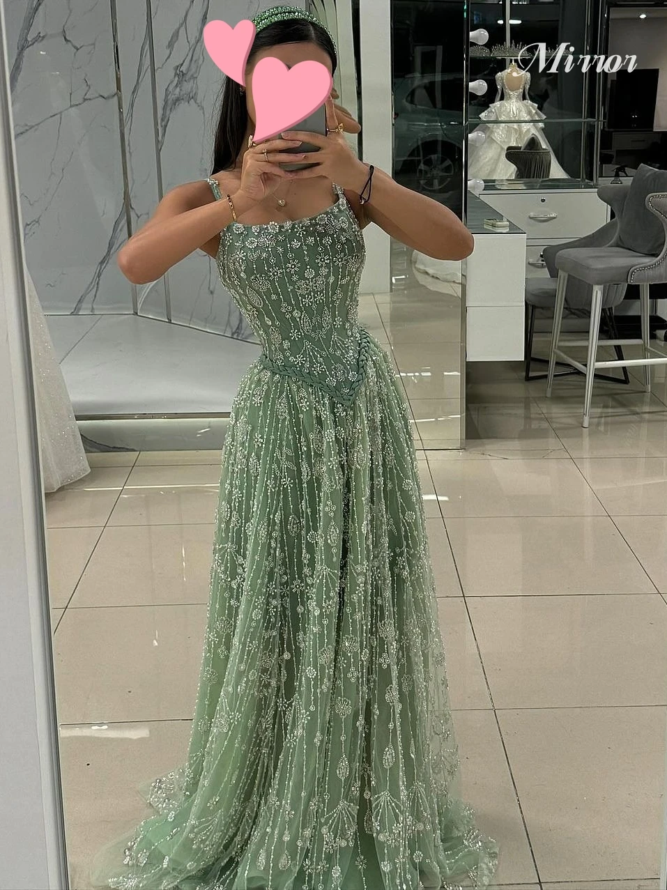 Spiegelkleid, elegant, Vintage, süße grüne Perlen, Spitze, Frühling, A-Linie, individuell gestaltet, für formelle Anlässe, Abschlussballkleid, Abendparty-Kleider