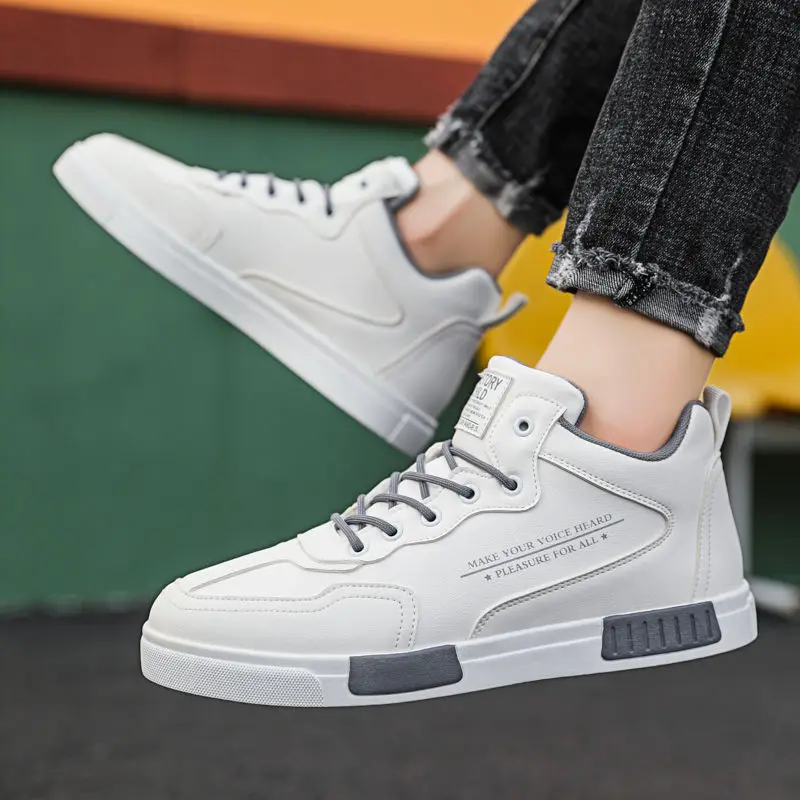 white high top men sneakers lace up leather sports shoes big size 45 man vulcanized sneakers tenis trainers male casual shoes