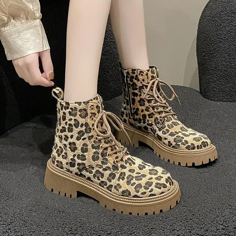 

Shoes Women Leopard Print 2024 Autumn/winter Thick Soled Lace Up Fashion Boot Platform Comfort Waterproof Non Slip Ankle Boots