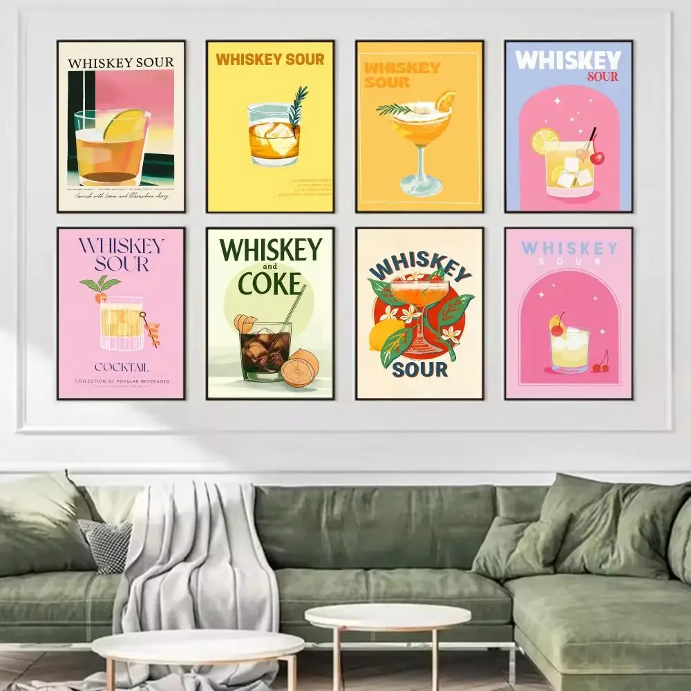 Whiskey Sour Cocktail Painting Calligraphy Premium Cotton Canvas Art Poster for Coffee or House Elegant Wall Decor for Modern