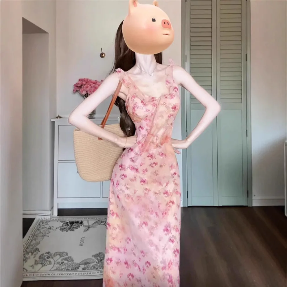 

French Pink Floral Strap For Women 2026 New Small Size High-End Vacation Style Elegant Long Dress
