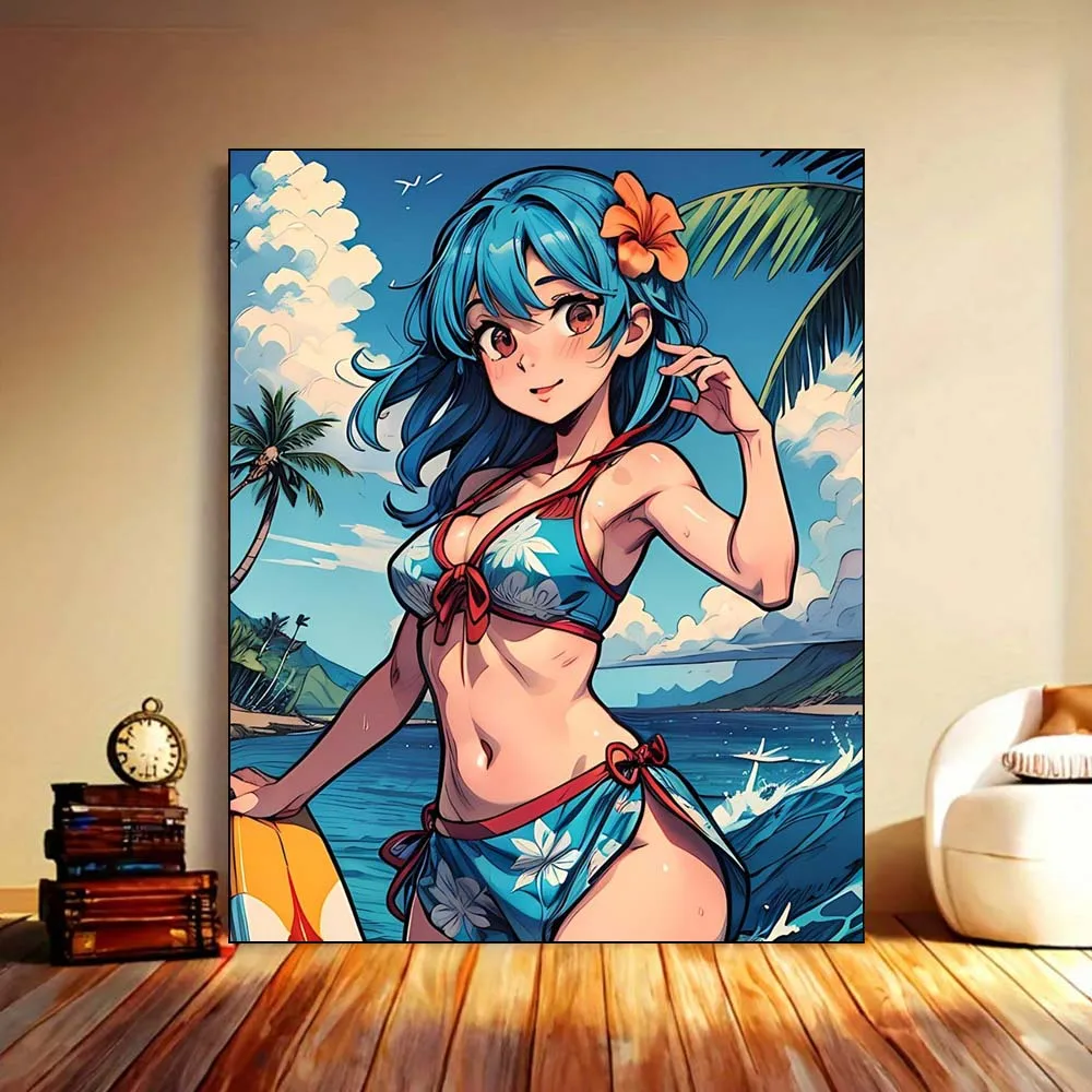 Anime Girl In Bikini On Beach Vibrant Detailed Shading Canvas Diy Digital Oil Painting Set For Adults Not Including Frameless
