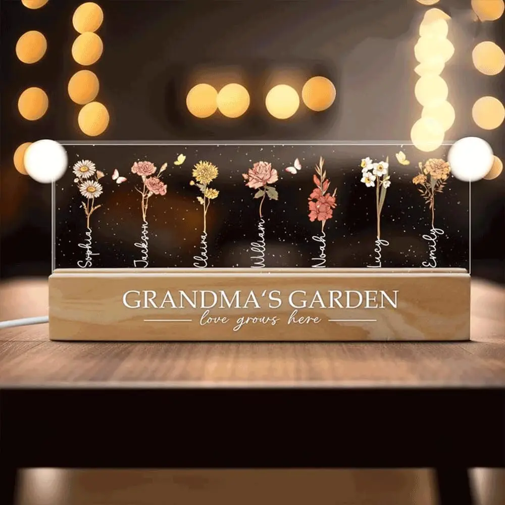 Christmas Gift Grandma's Garden Birth Month Flower Personalized LED Night Light, Mother's Day Gift For Grandma Mom