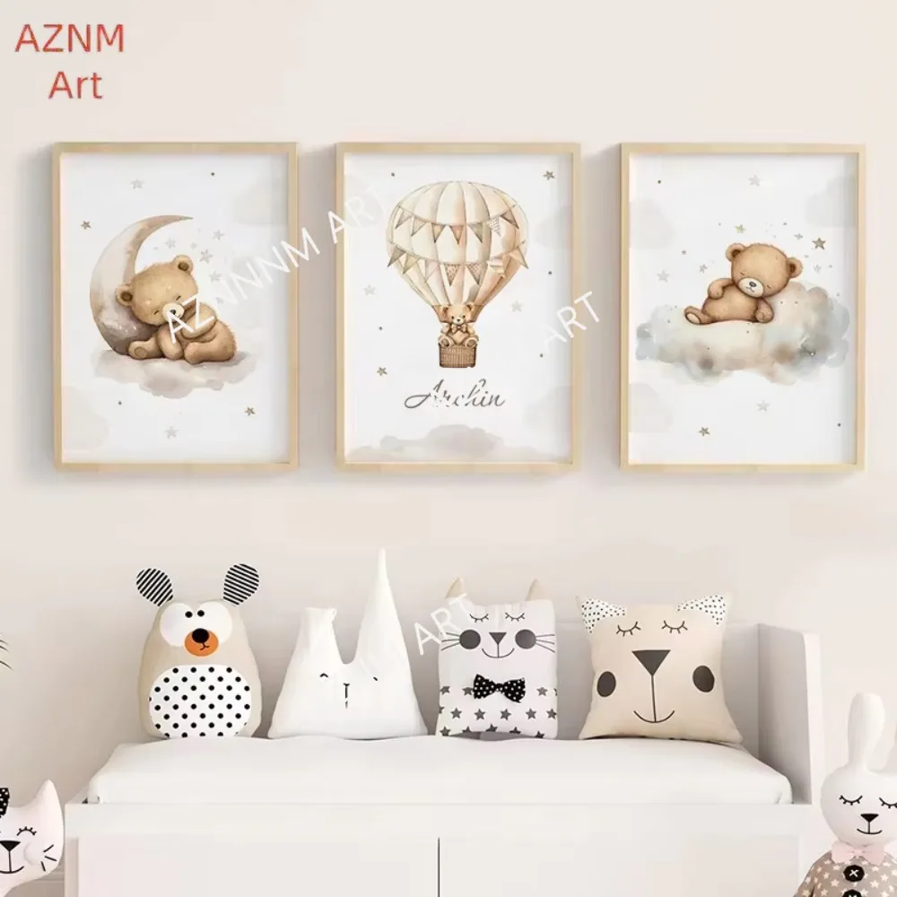 1/3PCS, Bär Heißluftballon Flugzeug Mond Wolke Ballon Kindergarten Wandbild Ölgemälde Nordic Poster und Drucke Kinderzimmer