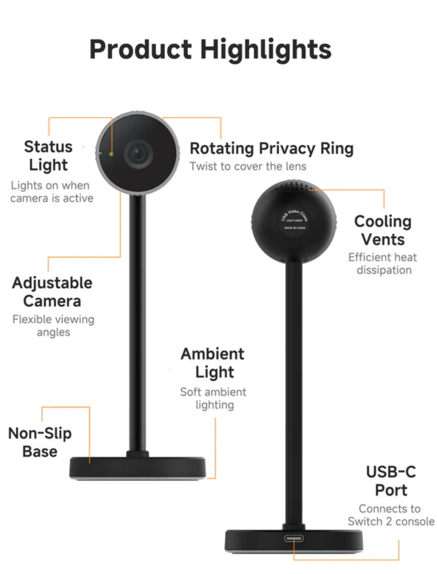 1080P HD Plug-and-Play Webcam for Switch 2(2025) with Adjustable Angle for AR Games & Video Calls, USB-C Connection, 60fps,VL020