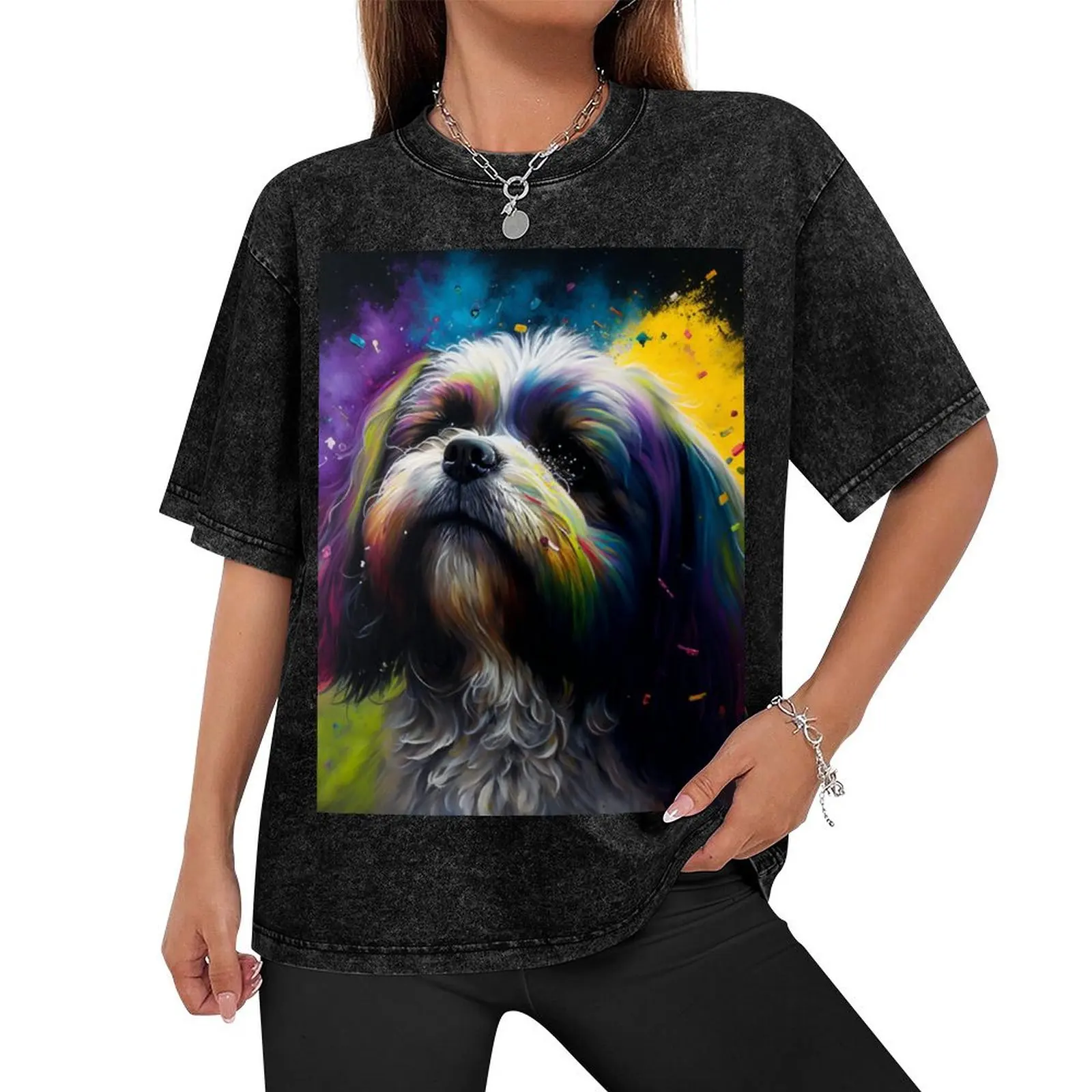 Lhasa Apsos Dog Synesthetic Splash Painting Artwork T-Shirt vintage graphic tee customs oversized clothes for men