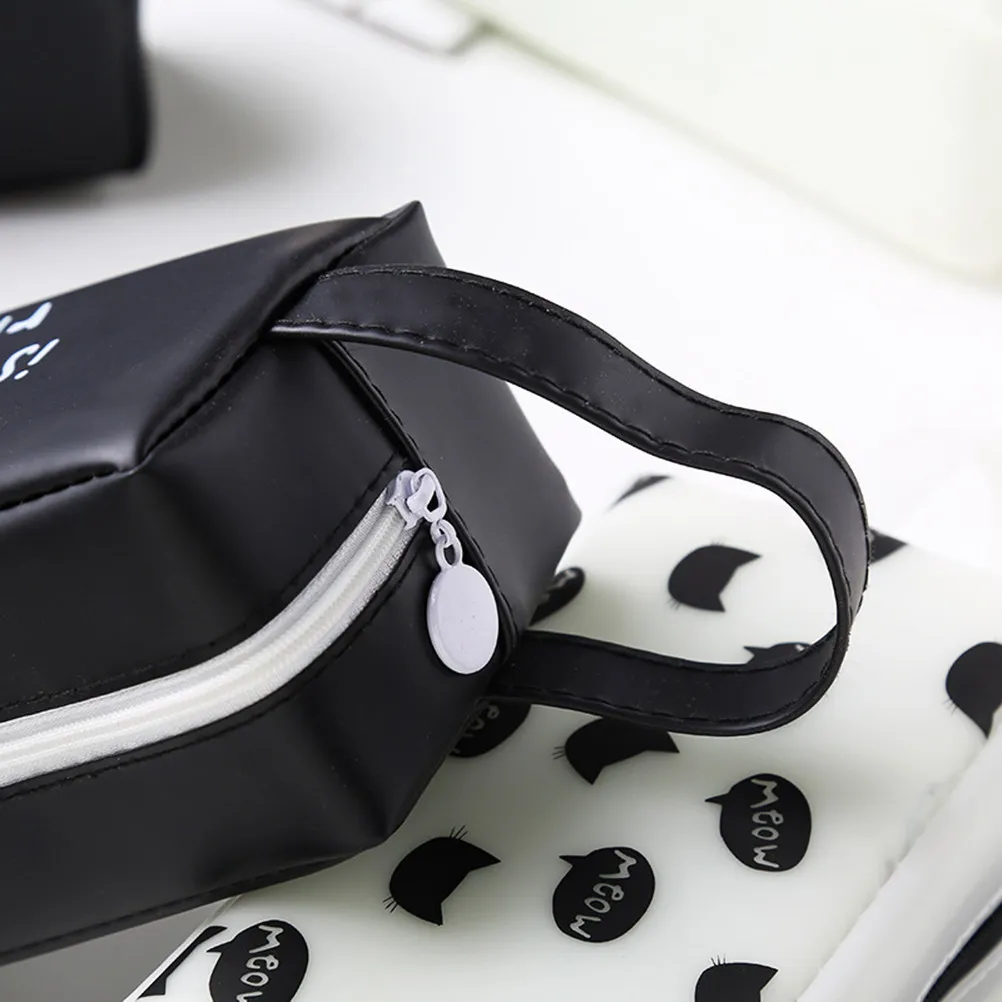 2Pcs Pencil Case Cat Face Pattern Silicone Zipper Pouch Easy Carry Side Strap School Stationery Organizer Bag for Students