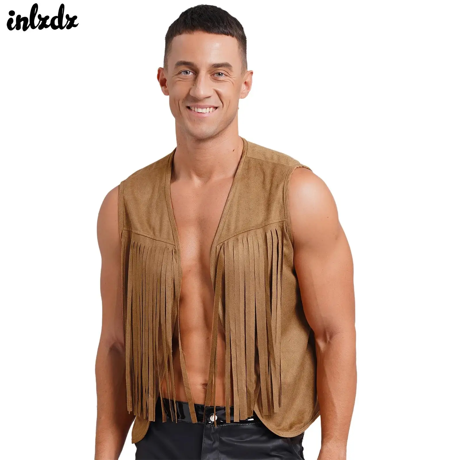 Mens Vintage Fringe Gilet Hippie Short Waistcoat Open Front Loose Suede Tank Top Western Cowboy Vest Bandanna Cosplay Costumes