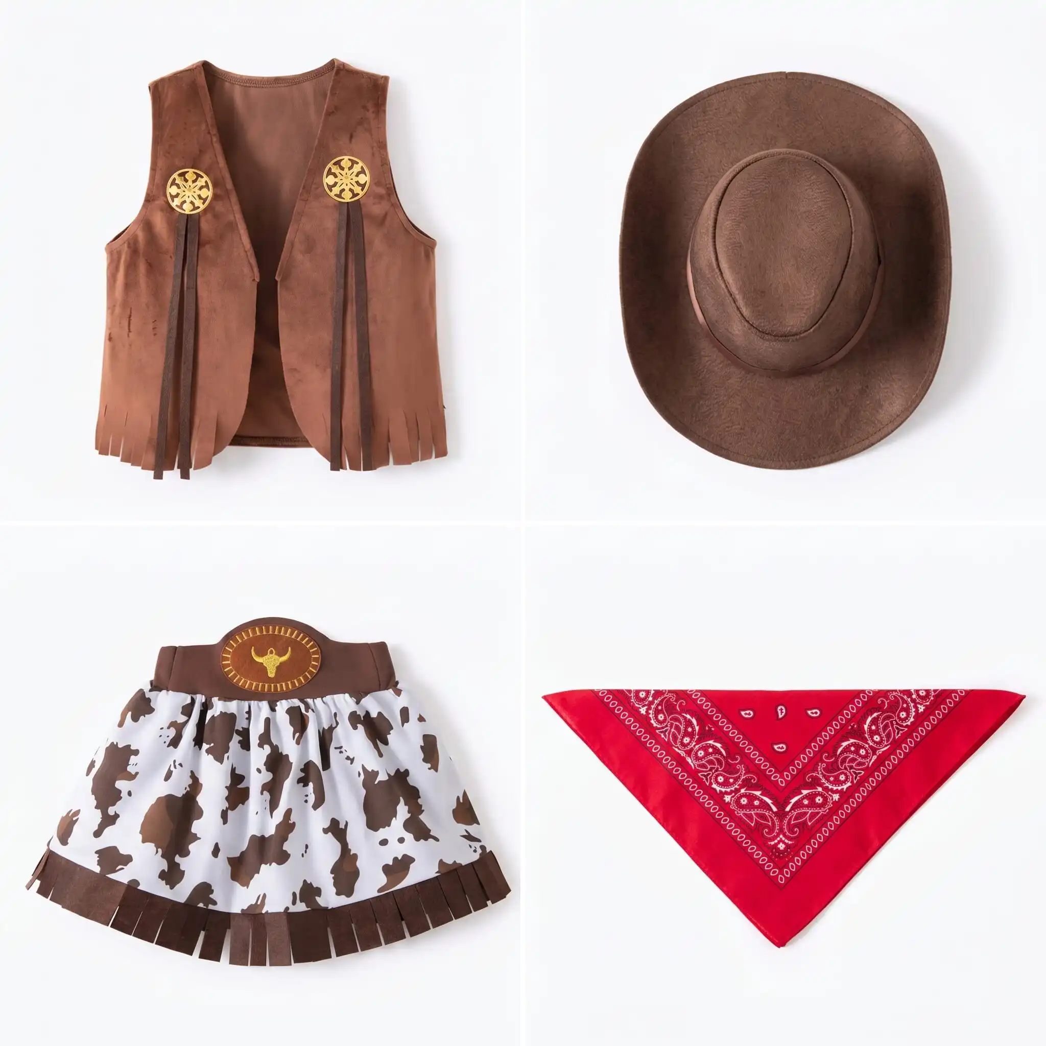 Girls Cowgirl Costume Kids Western Cowboy Dress Up 4Pcs Set Toddler Cosplay Outfit Cow Print Skirt Vest Hat Bandana Halloween