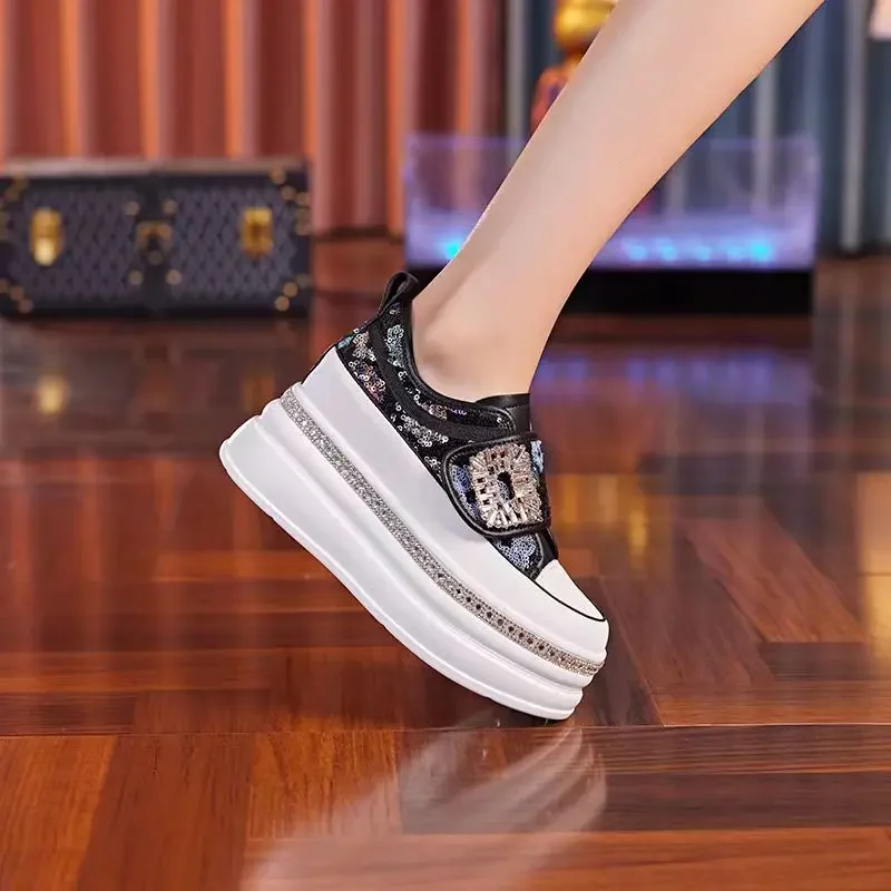 Women 8CM Platform Casual Outdoor Shoes Rhinestone Shine Decoration Sneakers Lace Walking Sport Breathable Thick Bottom Shoes