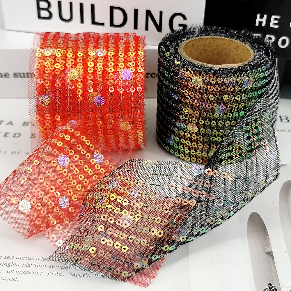 6cm 10yards Sequin Tulle Ribbon With Stirpes Circle Dot Paillette Embroidered Fabric Film DIY Hair Bows Dance Costum Dress Trim