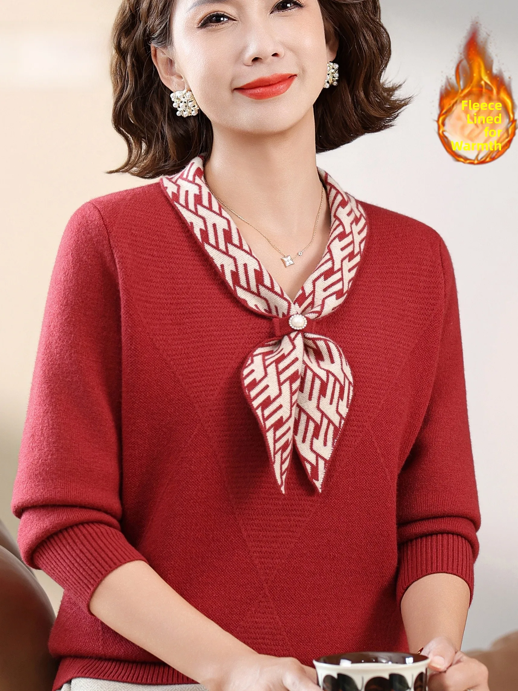 

Faionable Knitted Fce Lined Scarf Collar Sweater Top for Older Women Warmth Anti-Aging Boting irt Stand Size Loo...