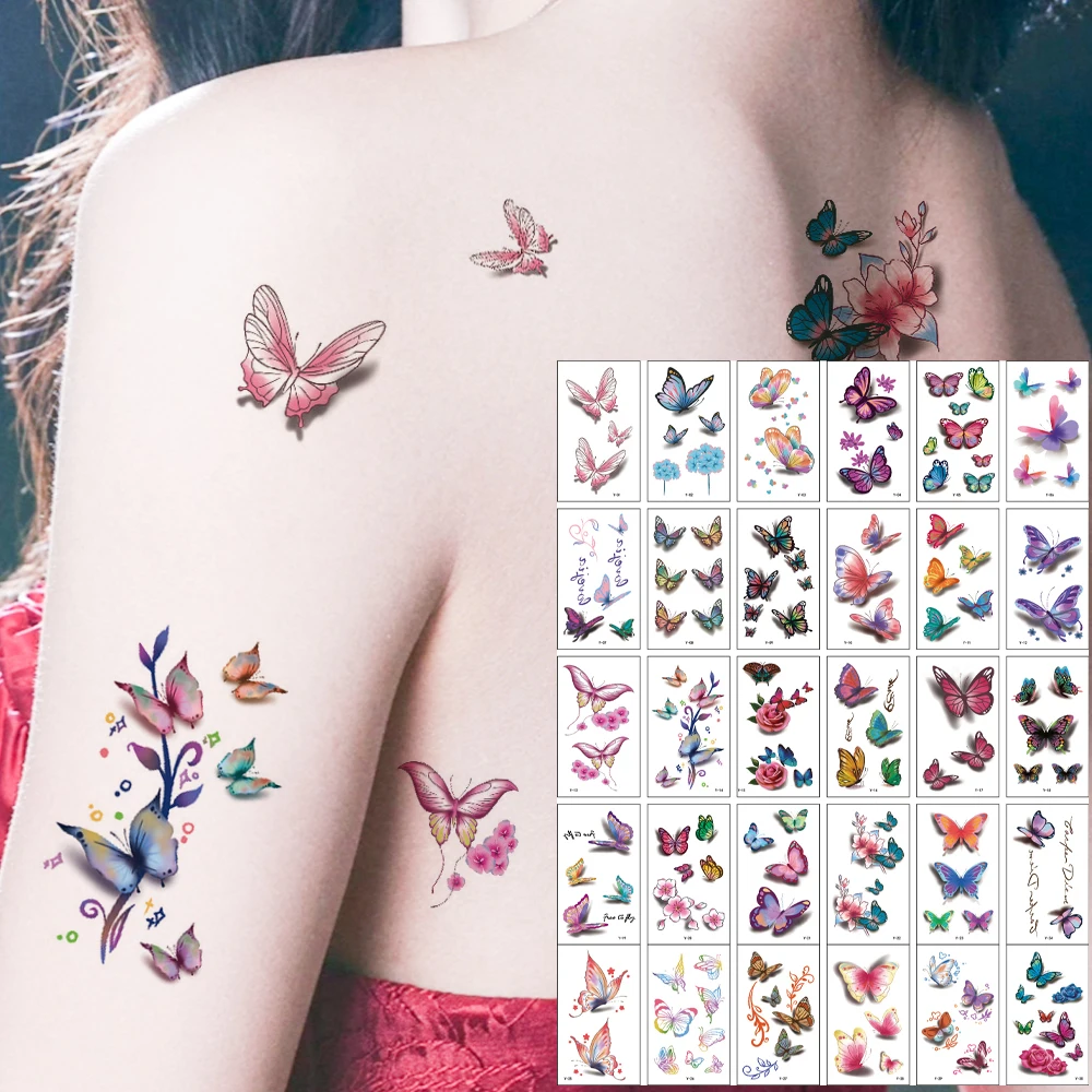 30pcs Waterproof Temporary Tattoo Sticker 3D Color Butterfly Flowers Cute Pattern Body Art Arm Fake Tattoos For Women Men Wrist