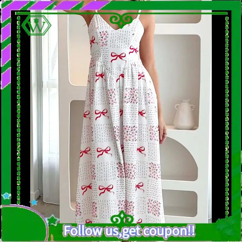 A18P-Vestito lungo estivo da donna 2025, abito lungo da spiaggia Boho con smock floreale senza maniche