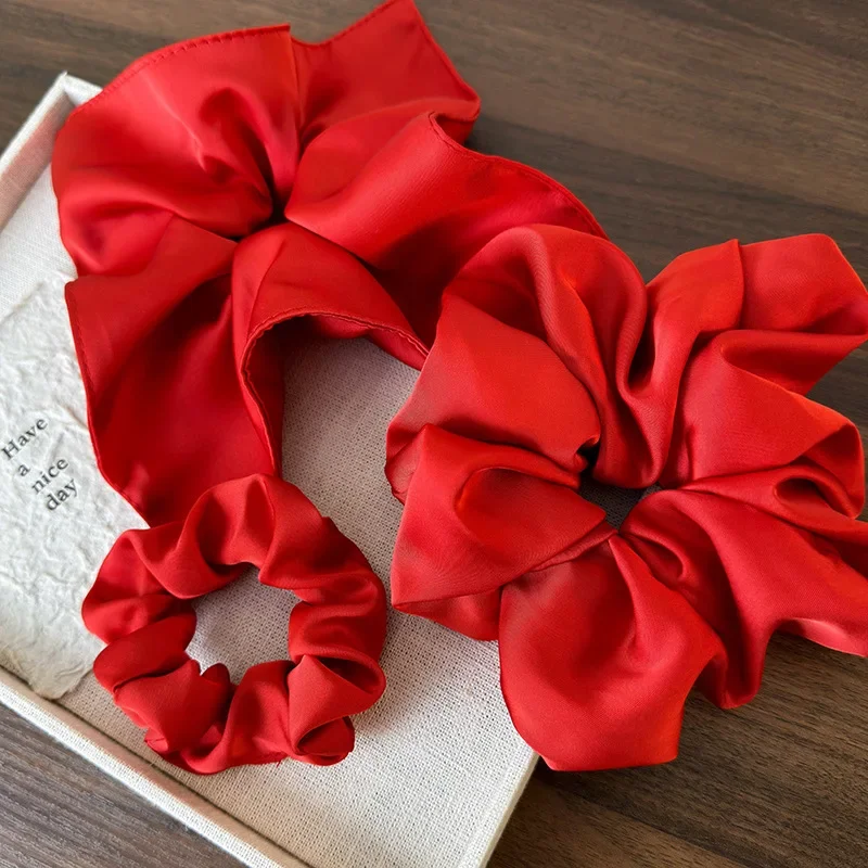 Retro Satin Red Color Hair Scrunchies Headband Women Temperament Hair Rope Tie Ponytail Rubber Band Lady Fashion Hair Accessorie