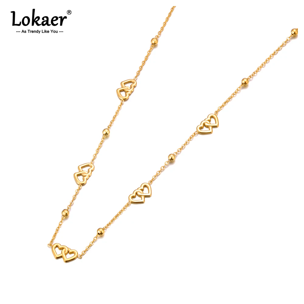 Lokaer Edelstahl Doppel Herz Kette Halskette 18K PVD Überzogene Koreanische Exquisite Schmuck kragen acero inoxidable mujer N24066