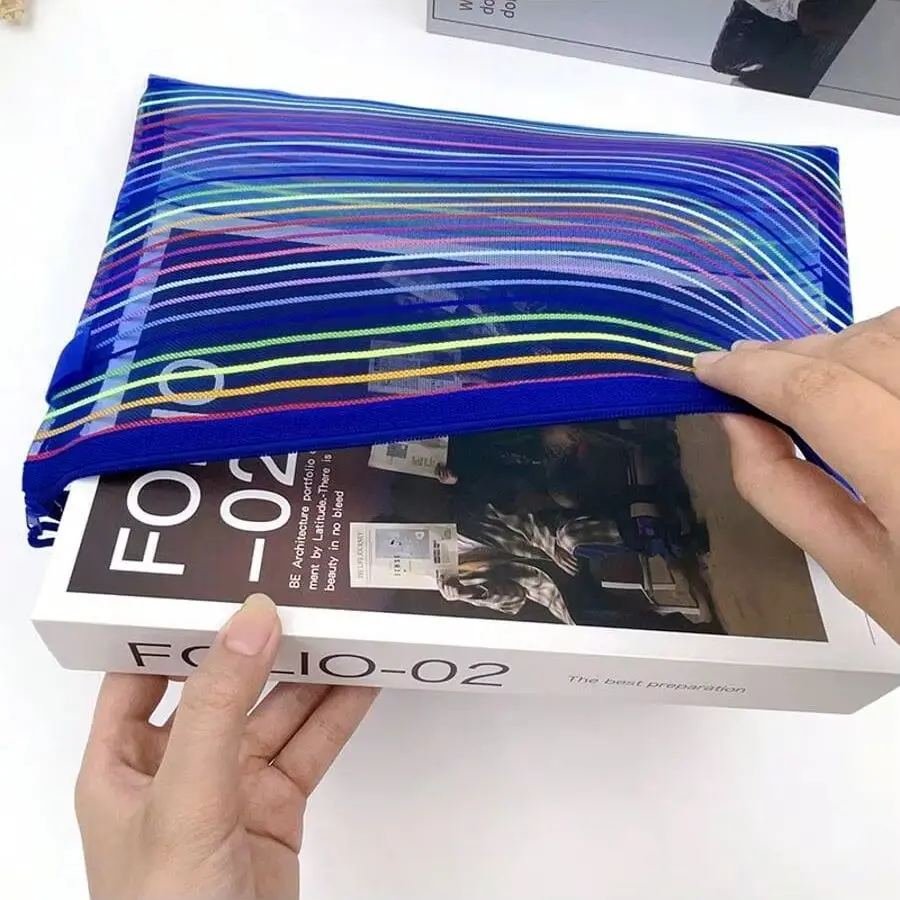 A4 File Bag with Zipper for Student, Colored Mesh, Transparent Storage Bag, Stationery, Test Paper, Ticket Organizer