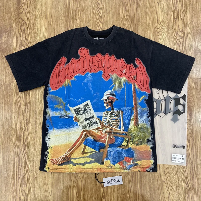 

2025SS HighQuality Casual Vintage Letter Pattern Short Sleeve 100Cotton HipHop GOD SPEED TShirt Outdoor SpringSummer
