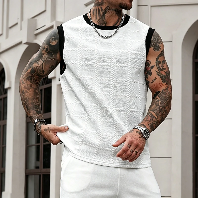 2026 New Men Sleeveless Cable Jacquard Tank Top Contrast Black Trim O Neck Loose Fit Summer Daily Street Casual Tee