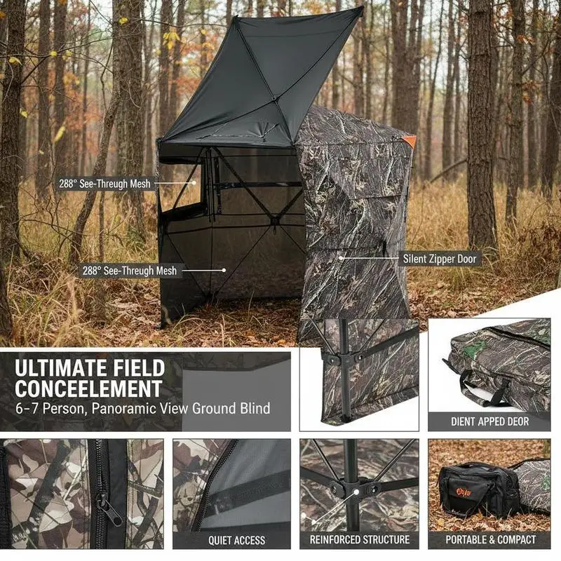 Hunting Blind 6-7 Person For Turkey Deer Hunting, Portable Camouflage Tent, Durable Concealed Shelter, Silent Zipper Door Window, 288 Degree 5 Side See-Through Ground Blinds with Carrying Bag view 7