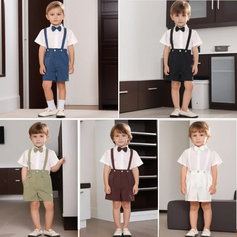 

Children Short Sleeve Suspenders Pants Set Summer Toddler Birthday Party Outfit Kids Kindergarten Uniform Performance Costume