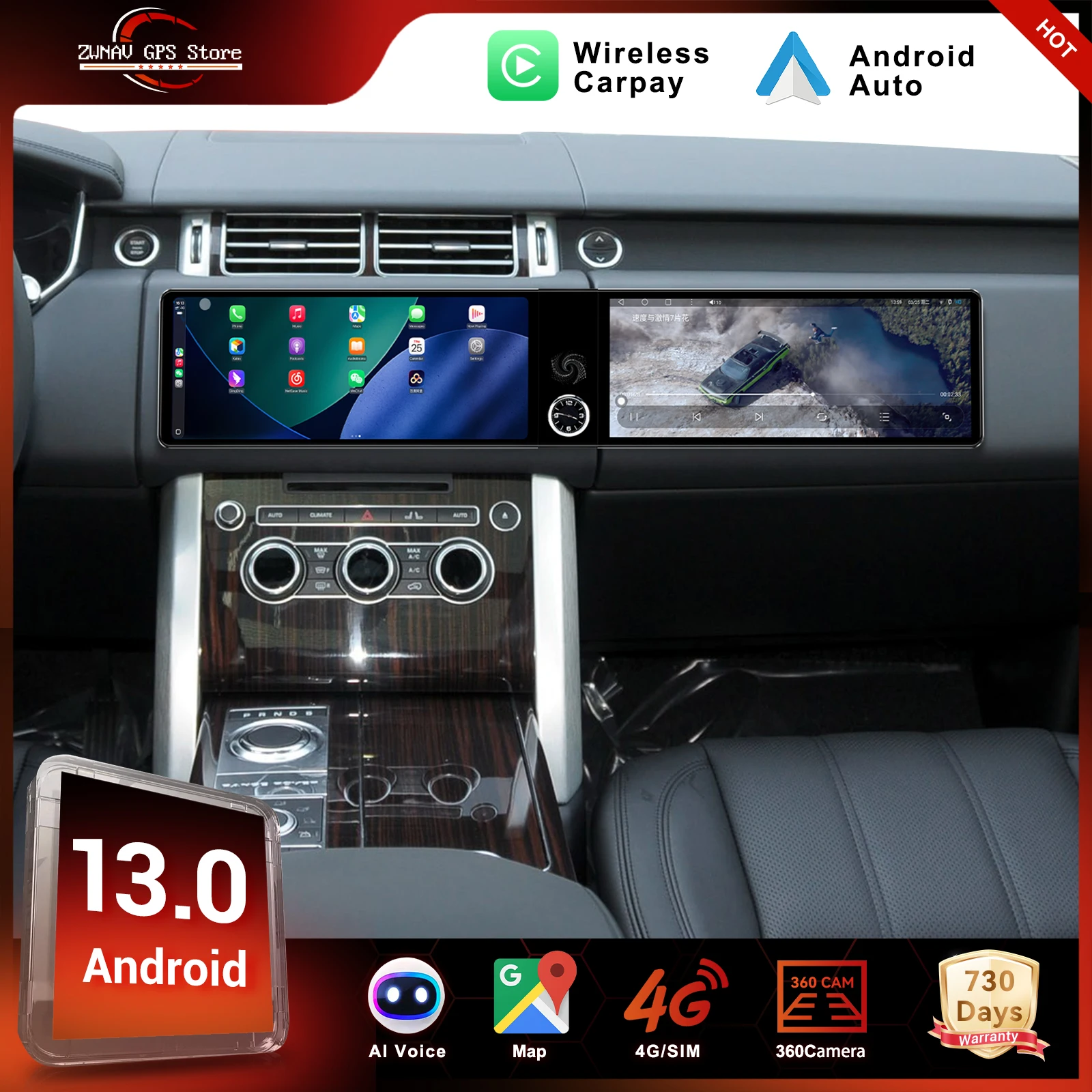

Dual screen For Land Rover Range Rover Executive 2013-2016 Android auto navigation carplay multimedia player radio wireless head