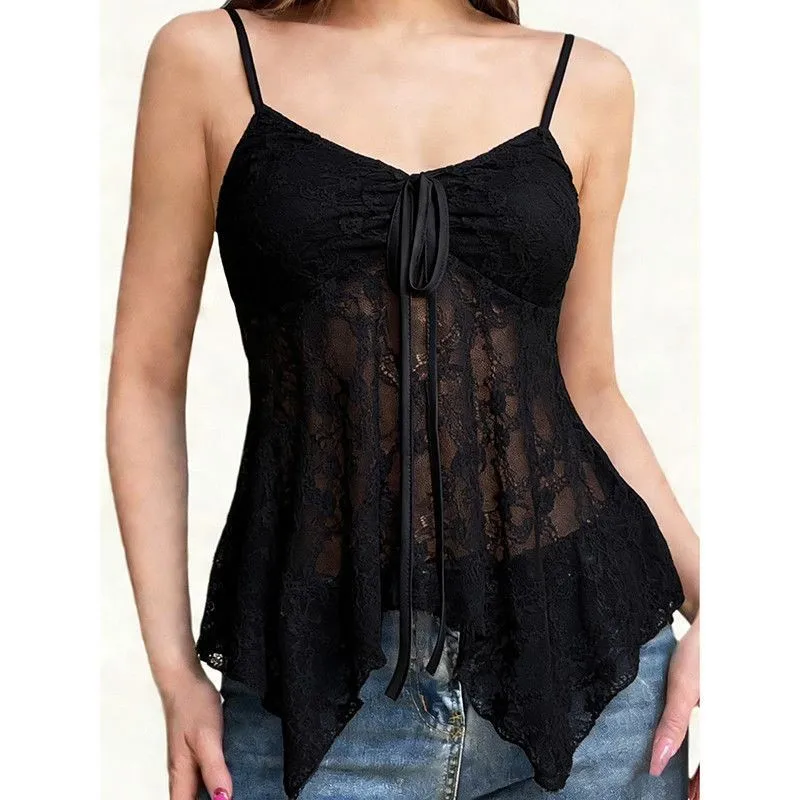 Women's Y2K Winter Sweet Sexy Spaghetti Strap Off Shoulder Sheer Lace Bodycon Short Length 3D Effect Camisole Top with Front