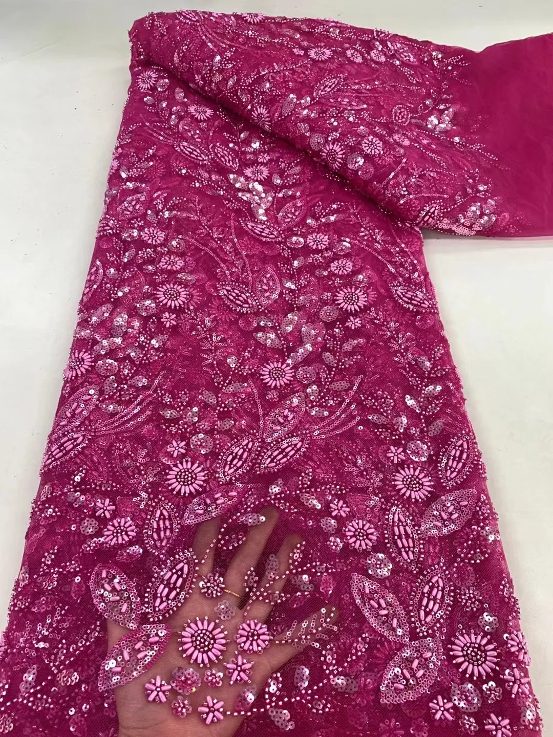 

African Nigerian Tulle Lace Fabric Sequins Sewing Guipure Beads Stone Embroidery Dresses High Quality 2025 5Yards resses