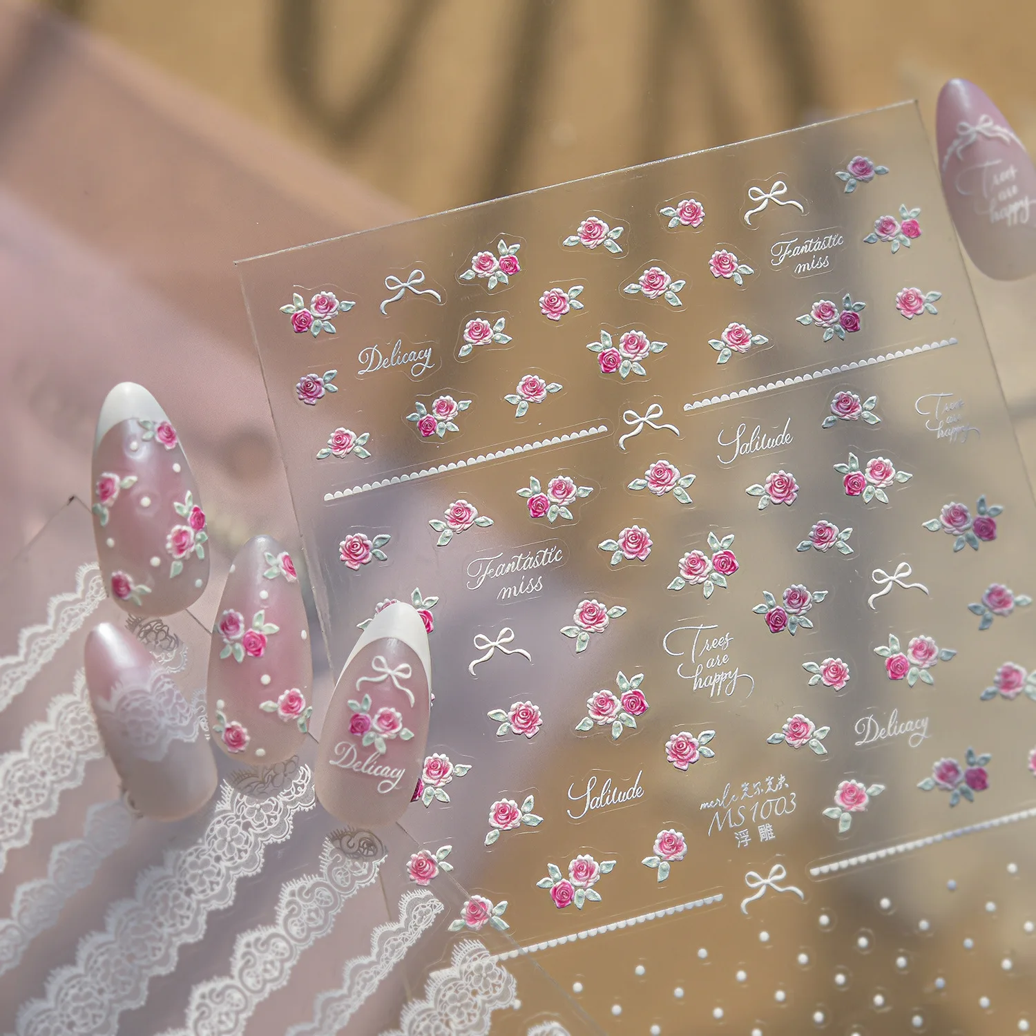 5D Embossed Nail Stickers Exquisite White Lace Paired Pink Rose Patterned Self-adhesive Nail Art Sticker For DIY Nail Decoration