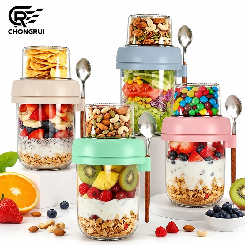 Dual Layer Glass Overnight Oats Jars with Lid Spoon Leakproof Pudding Container Dishwasher Safe Portable Cup for Yogurt Salad