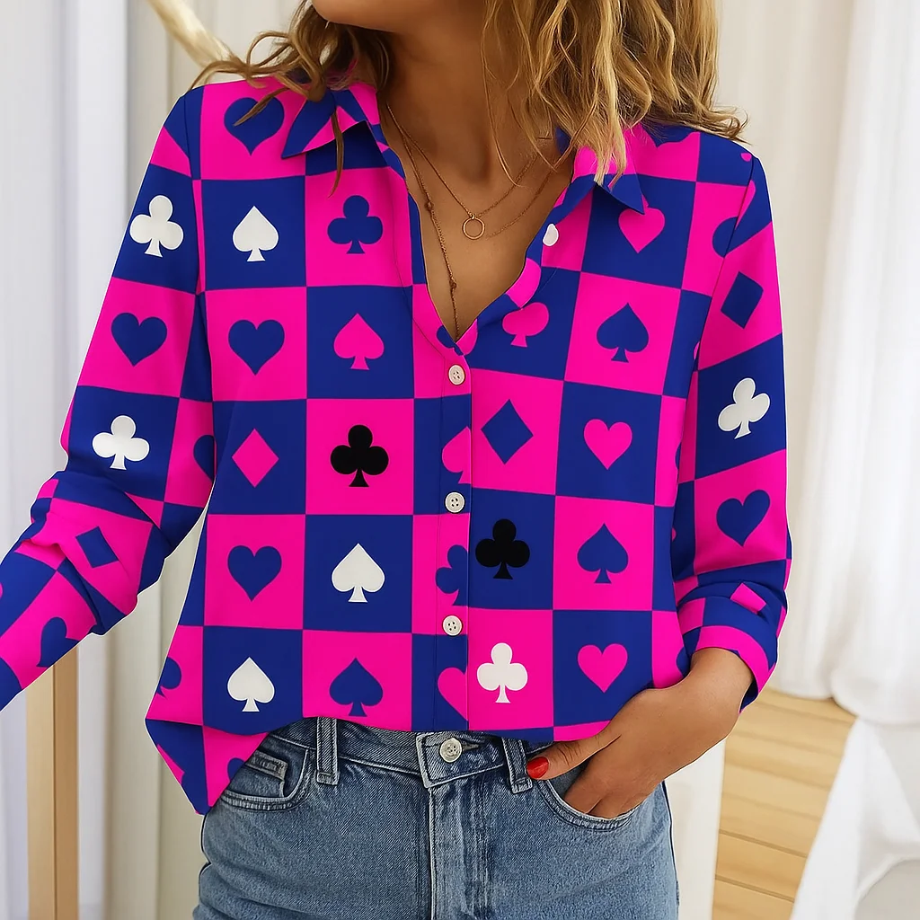 

2025 Trendy Women's Poker pattern Long Sleeve Shirt Fashion Blouse Casual Autumn Winter Stylish Female Tops