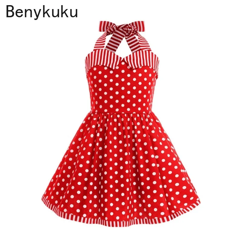 Vermelho polka dot rockabilly vintage meninas vestido de verão roupas algodão listrado halter princesa vestidos plissados para crianças