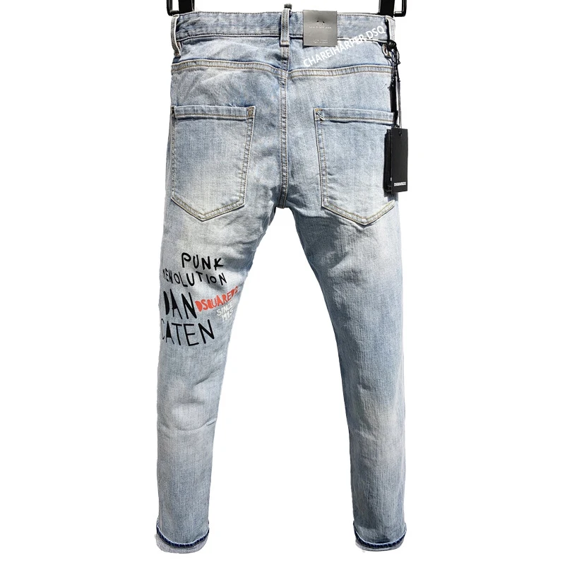 Chareiharper dsq 9809 Men`s jeans quadratic slim cotton elastic light color printing laser process Tear Process Italian pants