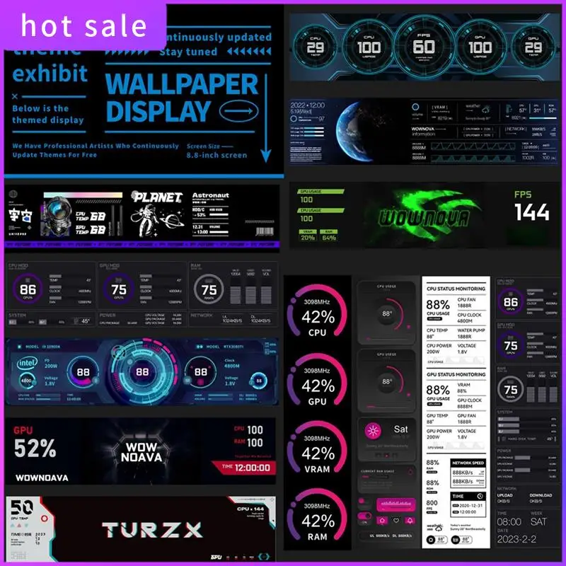 شاشة درجة حرارة الكمبيوتر ELEC-8.8 بوصة (مدعومة للموضوع الديناميكي)، شاشة IPS Type C الثانوية CPU RAM HDD Data FPS Monitor