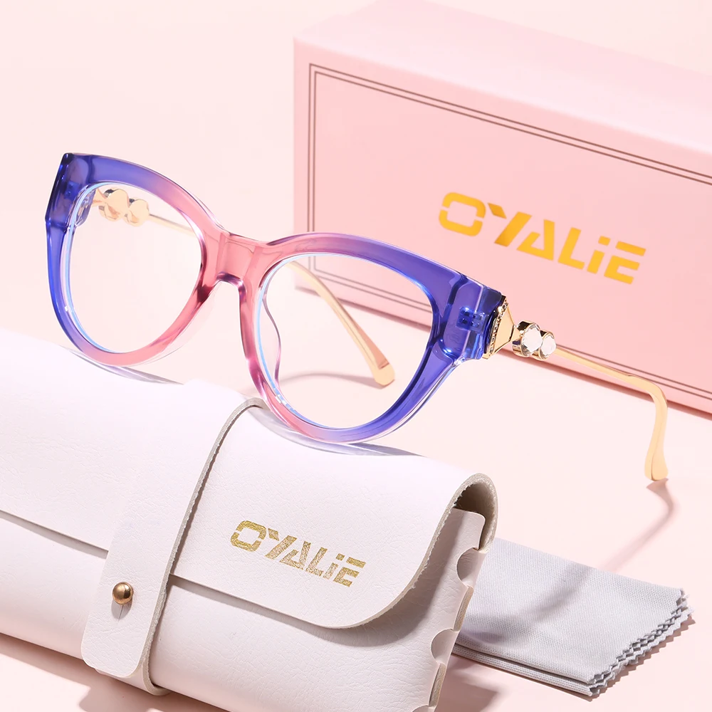 Oyalie マルチカラーのファッショナブルなキャットアイフレームメガネ、絶妙なラインストーンで装飾され、高級感を添え、さまざまな場面に適し、服装を補完します。