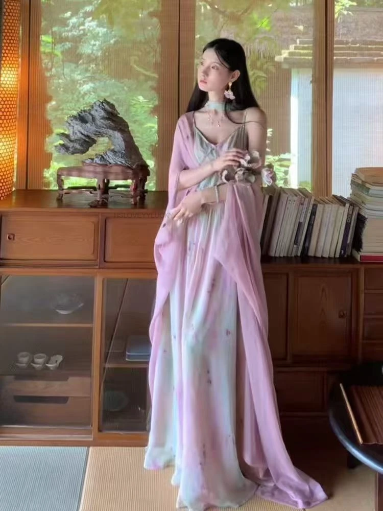 summer-chinese-style-robe-retro-pink-spaghetti-strap-fairy-hanfu-dress-elegant-long-thin-cardigan-dress-two-piece-dress-set
