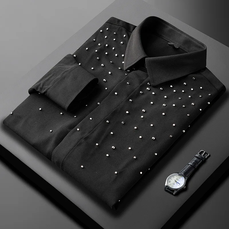 Rhinestone Decorated Long Sleeved Shirt for Men Rivet Social Banquet Party Dress Shirts Casual Business Shirts Camisa Masculina