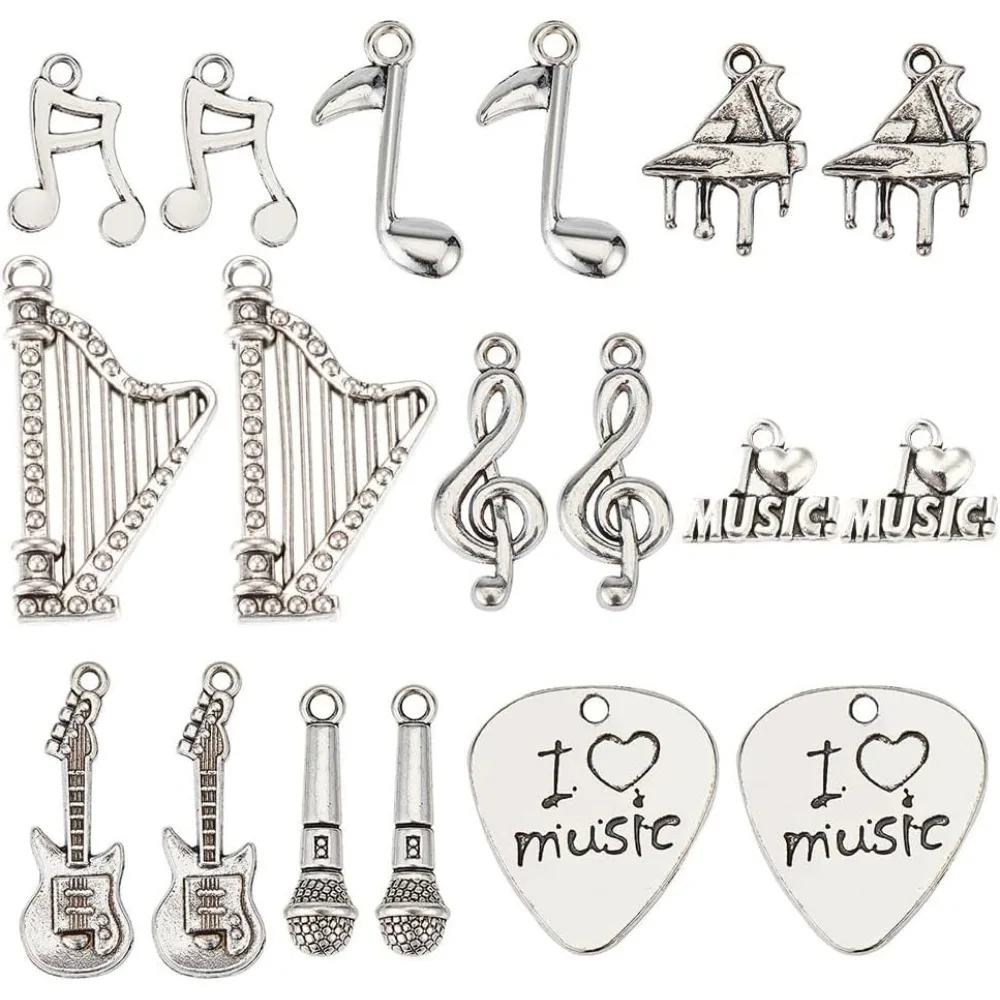 72Pcs Music Charms Musical Note Charms Piano Guitar Cassette Tape Charm Microphone I Love Music Antique Silver Alloy making kit