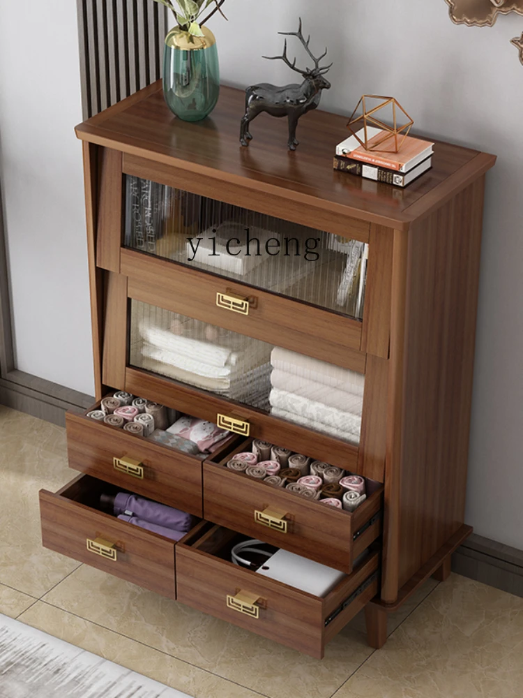 ZK New Chinese Style Chest of Drawers Solid Wood Frame Drawer Storage Cabinet Glass Door Wall Integrated Side Cabinet