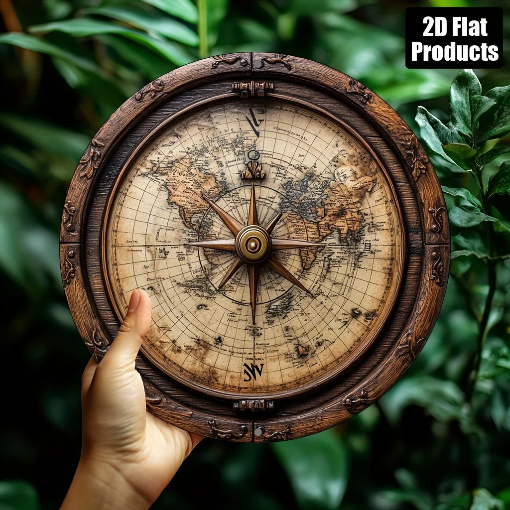 2D Flat - Old Ocean World Map Aluminum Coated Mural | 8X8 Inch Round Decorative Plaque with Compass Flower, Suitable for Home, B