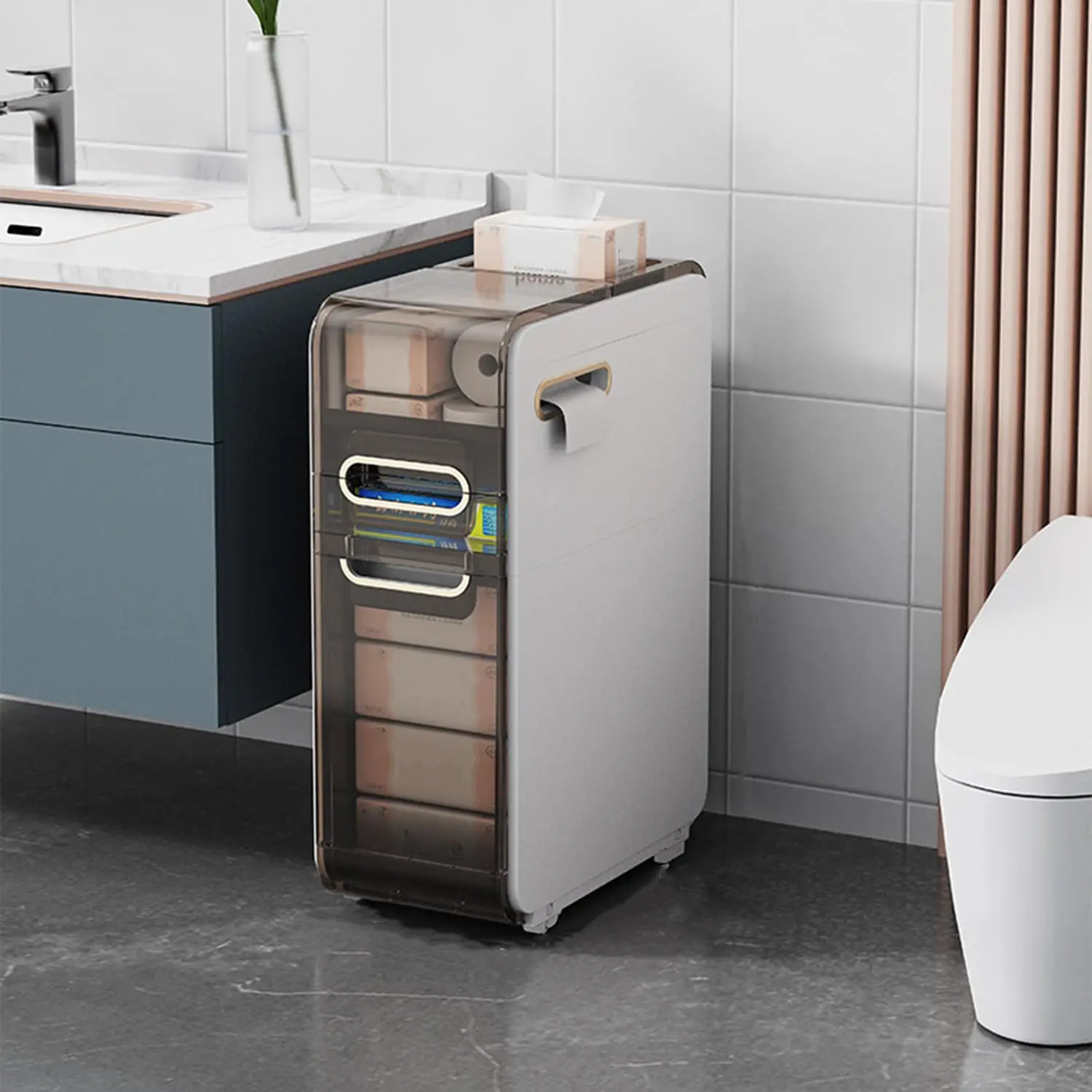 

2 Drawer Bathroom Floor Cabinet,Narrow Slim Storage Cabinet with Toilet Paper Holder and 2 Casters,Plastic Bathroom Cabinet for