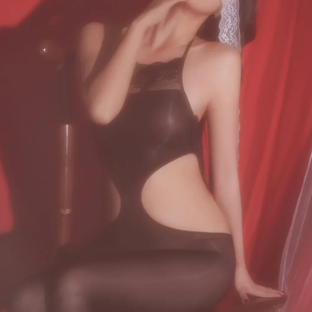 Female For Home For Hotel Hollow Suspenders Stockings Exposed Shiny Bodysuit Solid Color White All Seasons Black