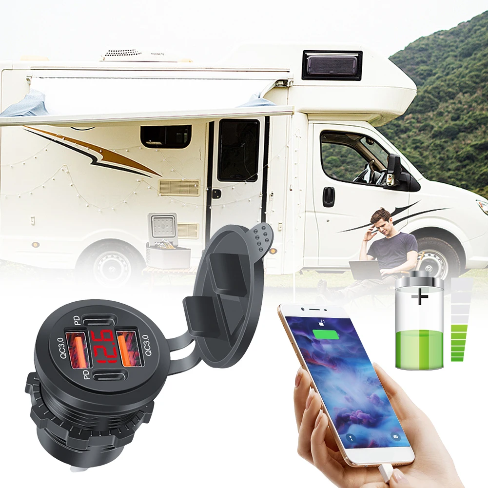 Dual PD Dual QC 3.0 USB Car Charger with Voltmeter Power Outlet Adapter 4 Ports Car Charger Socket 78W for Car Boat Marine Truck #1