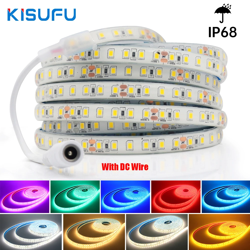 IP68 Waterproof LED Strip Light 2835 24V with DC 120Led Flexible LED Tape Adhesive Warm Natural White Red Green Blue for Outdoor