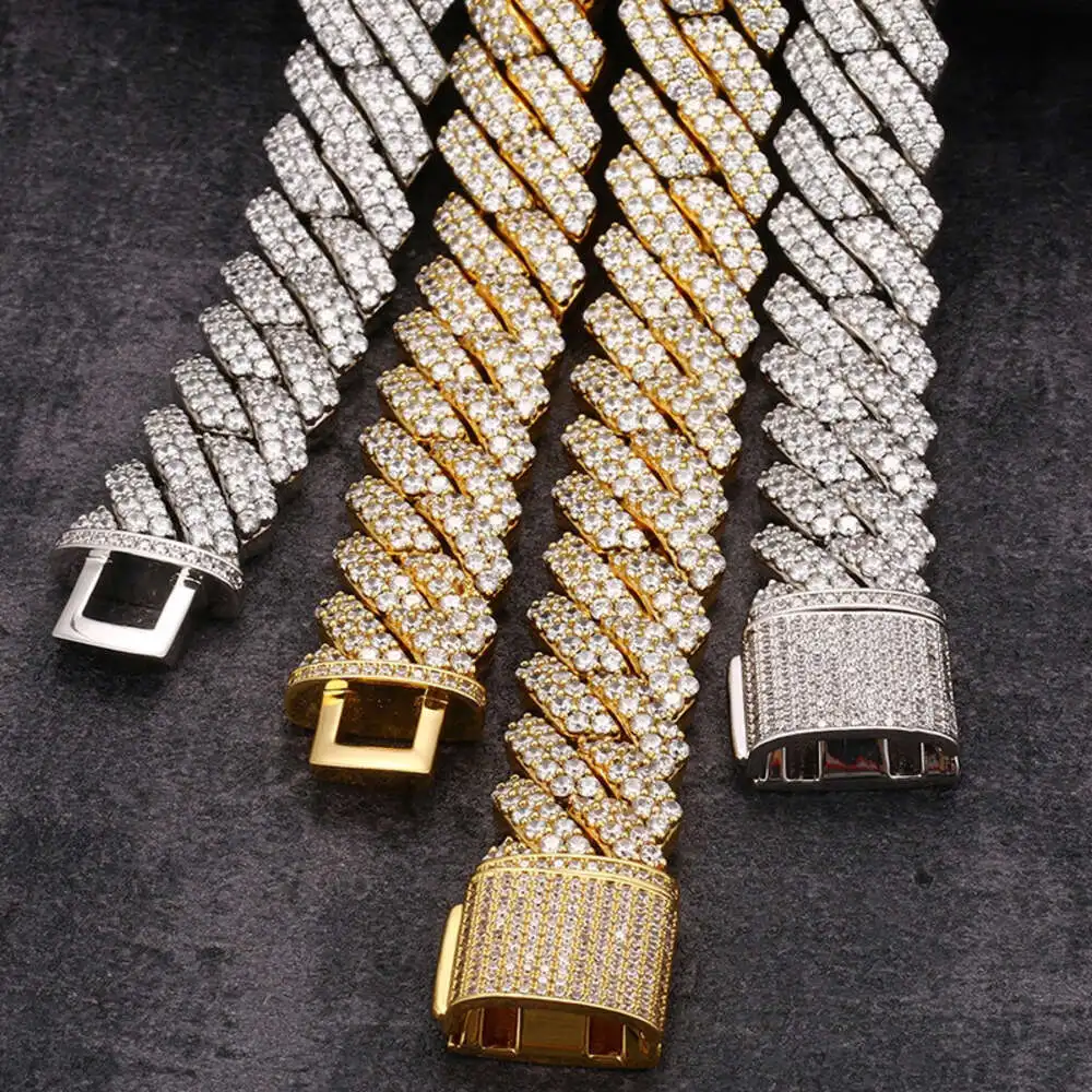 

New 925 Silver Vermeil Iced Out Diamonds Moissanite Necklace 20mm 2 Rows Prong Cuban Chain Necklace Bracelet Men Hip Hop Jewelry