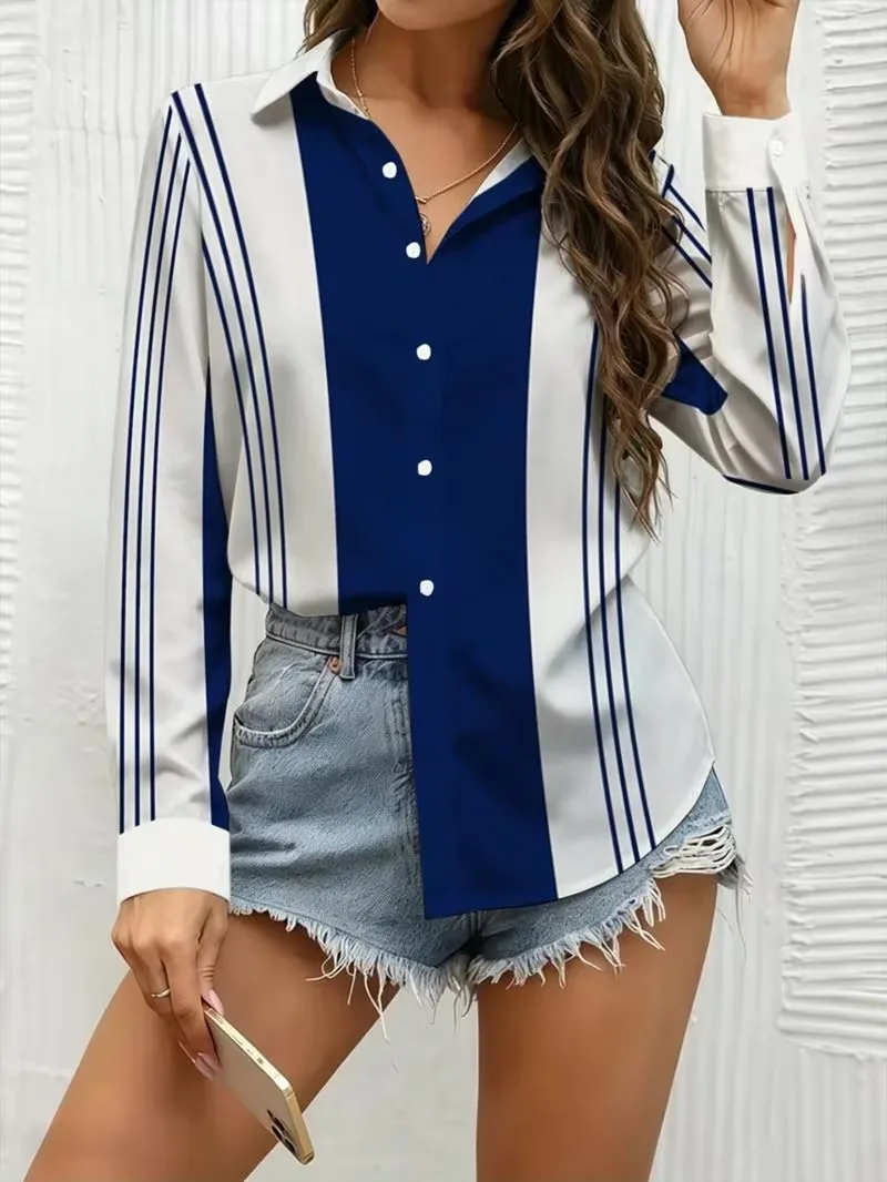 3D striped floral dot heart gradient printed shirt, women's autumn long sleeved lapel button casual versatile Blouse top