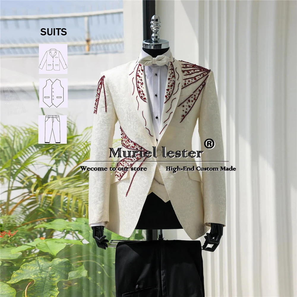 Trajes formales de marfil para fiesta para hombres, Joyería de diamantes, chaqueta, chaleco, pantalones, esmoquin de boda para novio, a medida, Terno Completo, 3 piezas