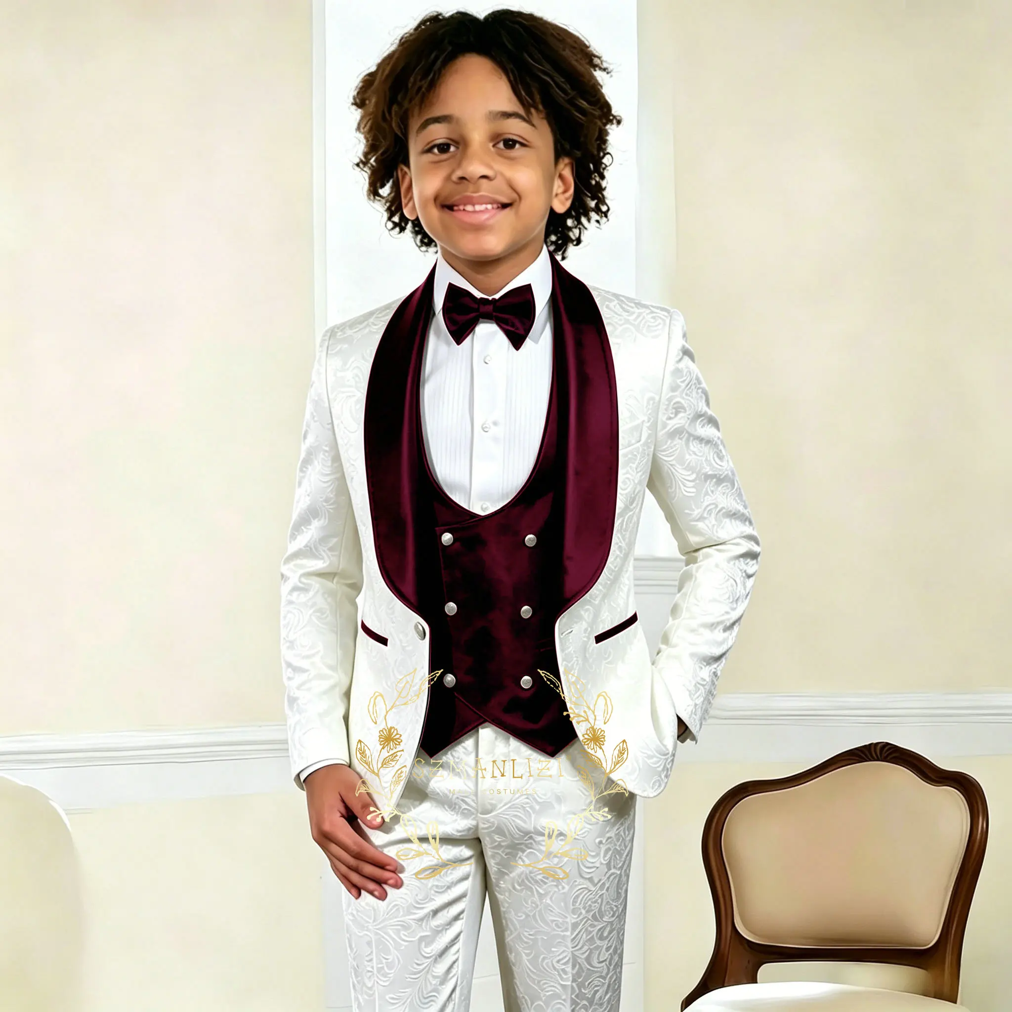 

White Floral Flower Boys Suit Wedding Jacket Pants Vest Kids Three-Piece Set Child Clothes costume enfant garçon mariage