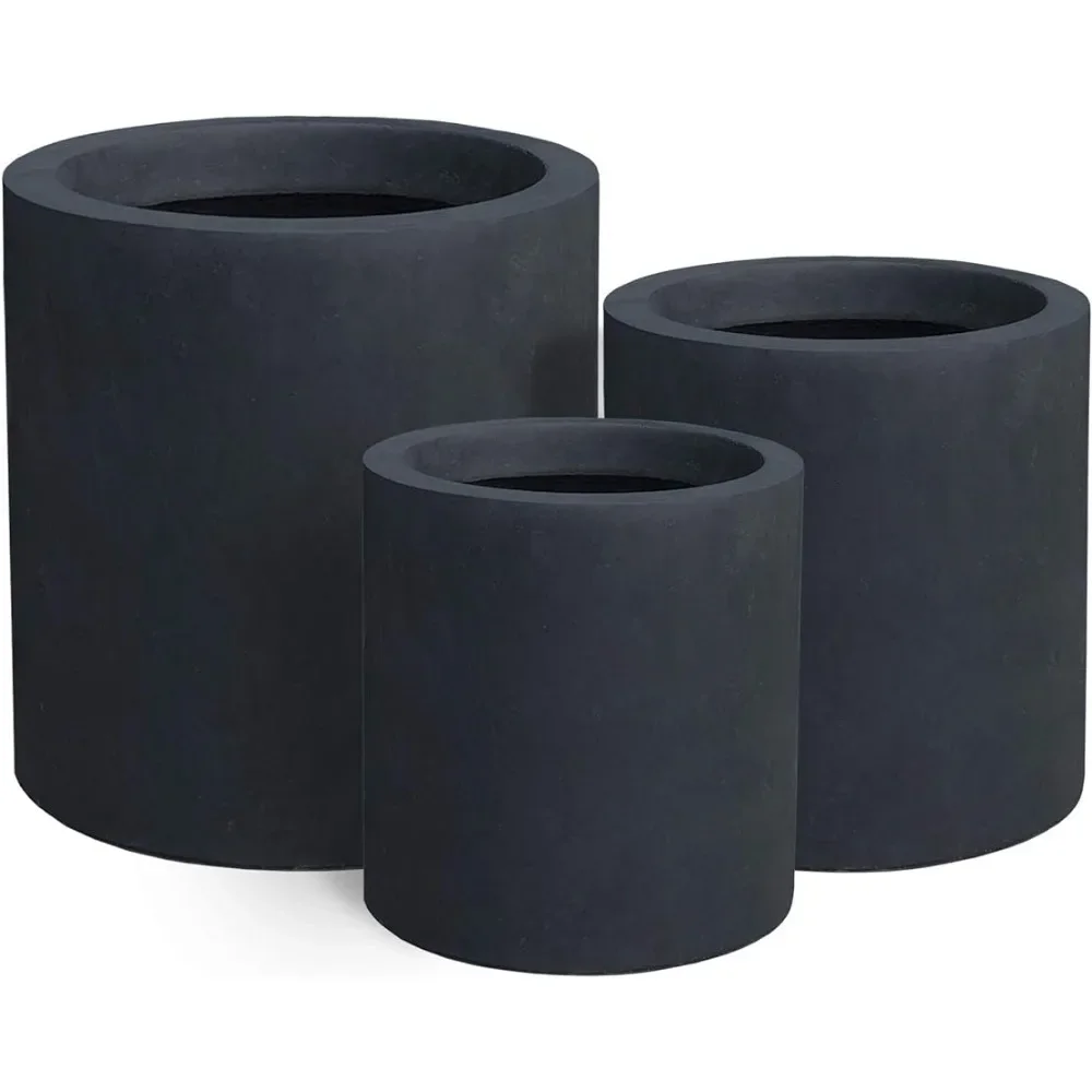 

Flower Pot 9.8",12.6",15.7" Dia Round Concrete Planter Set of 3,Style Large Cylindrical Plant Pot with Drainage Hole Charcoal