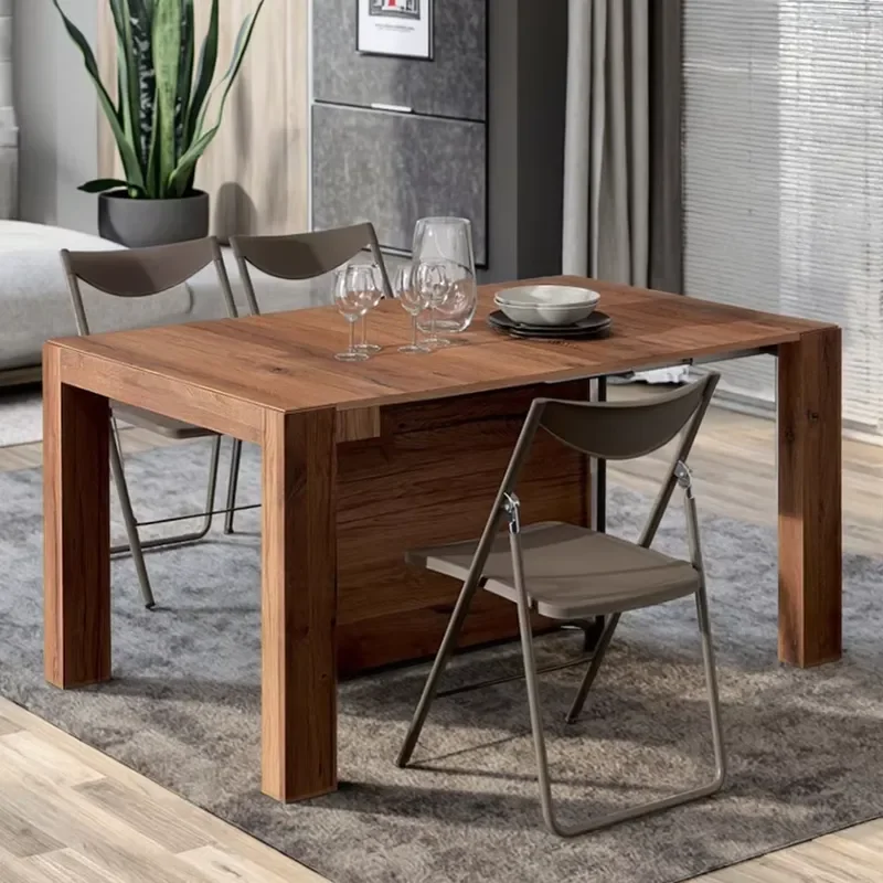 Rectangular Solid Wood Folding Dining Table Set Retractable Foldable for Small Home Apartment Invisible Dining Chair